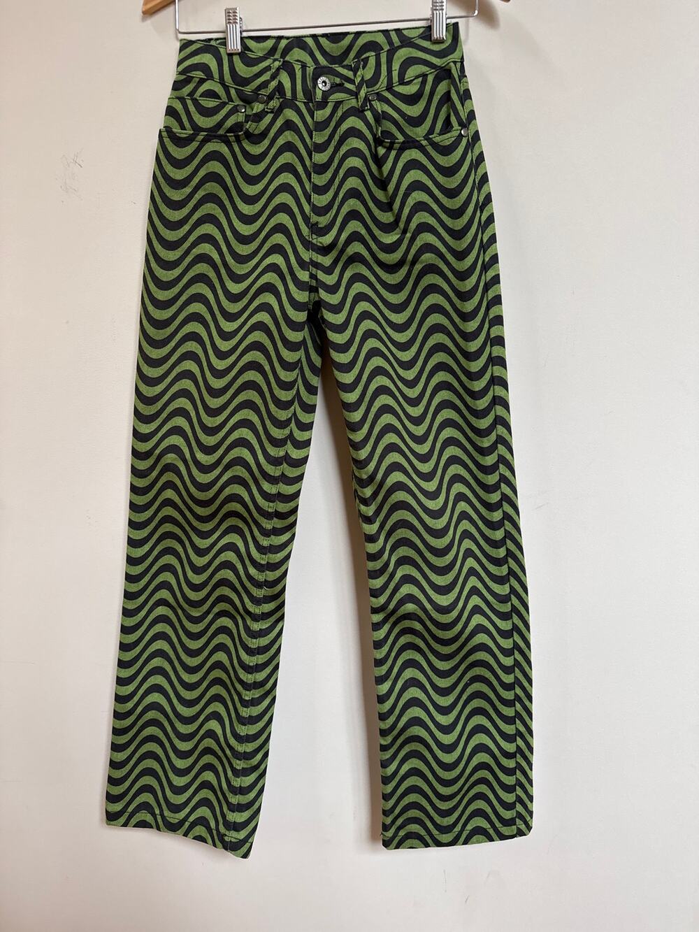 The Ragged Priest Wavy Patterned Lime Green Black Swirl Wave Jeans Pants Size 24